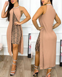 Geometric Print Colorblock Slit Asymmetrical Casual Dress