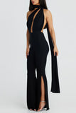 Sexy Solid Hollowed Out Backless Slit Halter Skinny Jumpsuits