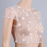 2021 summer women star print mesh sheer crop tops blouses ladies short sleeve see through sexy club tee shirts female tops
