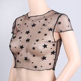 2021 summer women star print mesh sheer crop tops blouses ladies short sleeve see through sexy club tee shirts female tops
