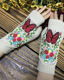 1Pair Floral Butterfly Embroidery Fingerless Knit Gloves