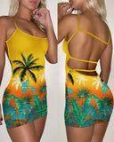 Tropical Coconut Tree Print Backless Bodycon Dress