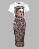 Figure Print Top & Leopard Print Slit Skirt Set