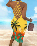Tropical Coconut Tree Print Hollow Out Bodycon Dress