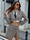 plaid cropped blazer and mini skirt set