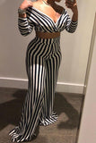 Sexy Striped Print Bateau Neck Long Sleeve Two Pieces