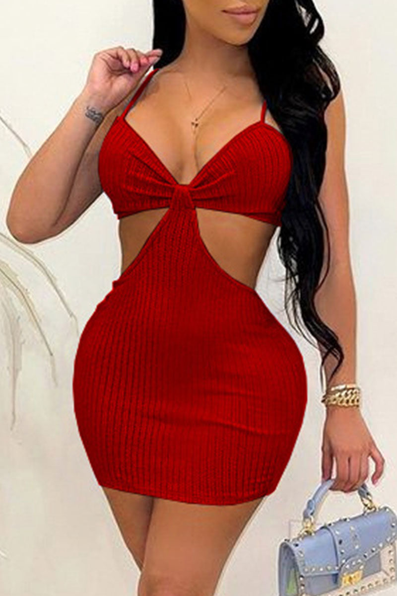 Sexy Solid Hollowed Out Spaghetti Strap Wrapped Skirt Dresses