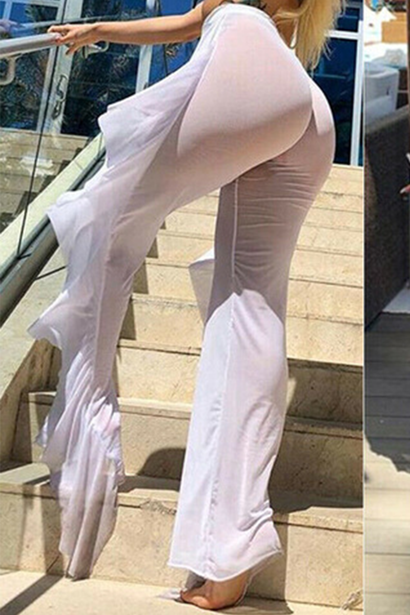 Sexy Solid Flounce Straight Mid Waist Straight Solid Color Bottoms