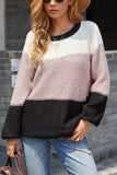 color block round neck knit sweater