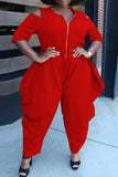 Fashion Casual Solid Zipper O Neck Plus Size Jumpsuits