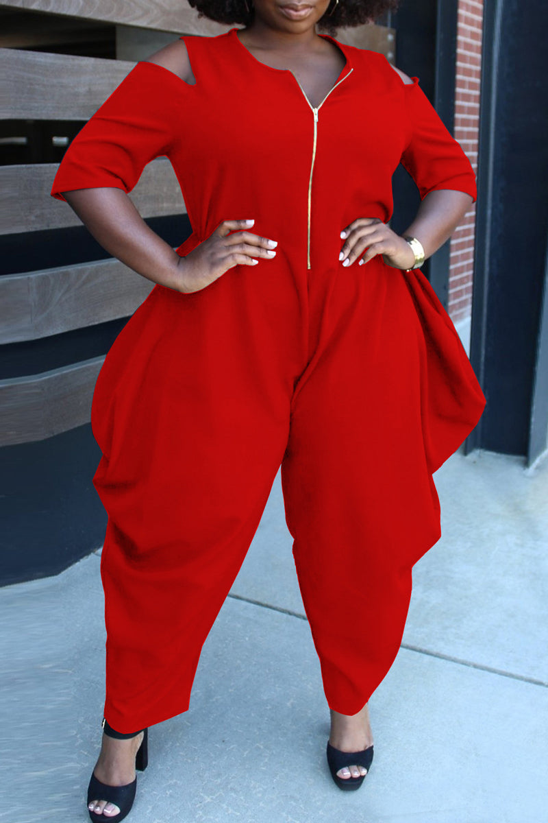 Fashion Casual Solid Zipper O Neck Plus Size Jumpsuits