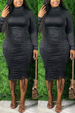 Fashion Sexy Plus Size Solid Draw String Fold Turtleneck Long Sleeve Dress