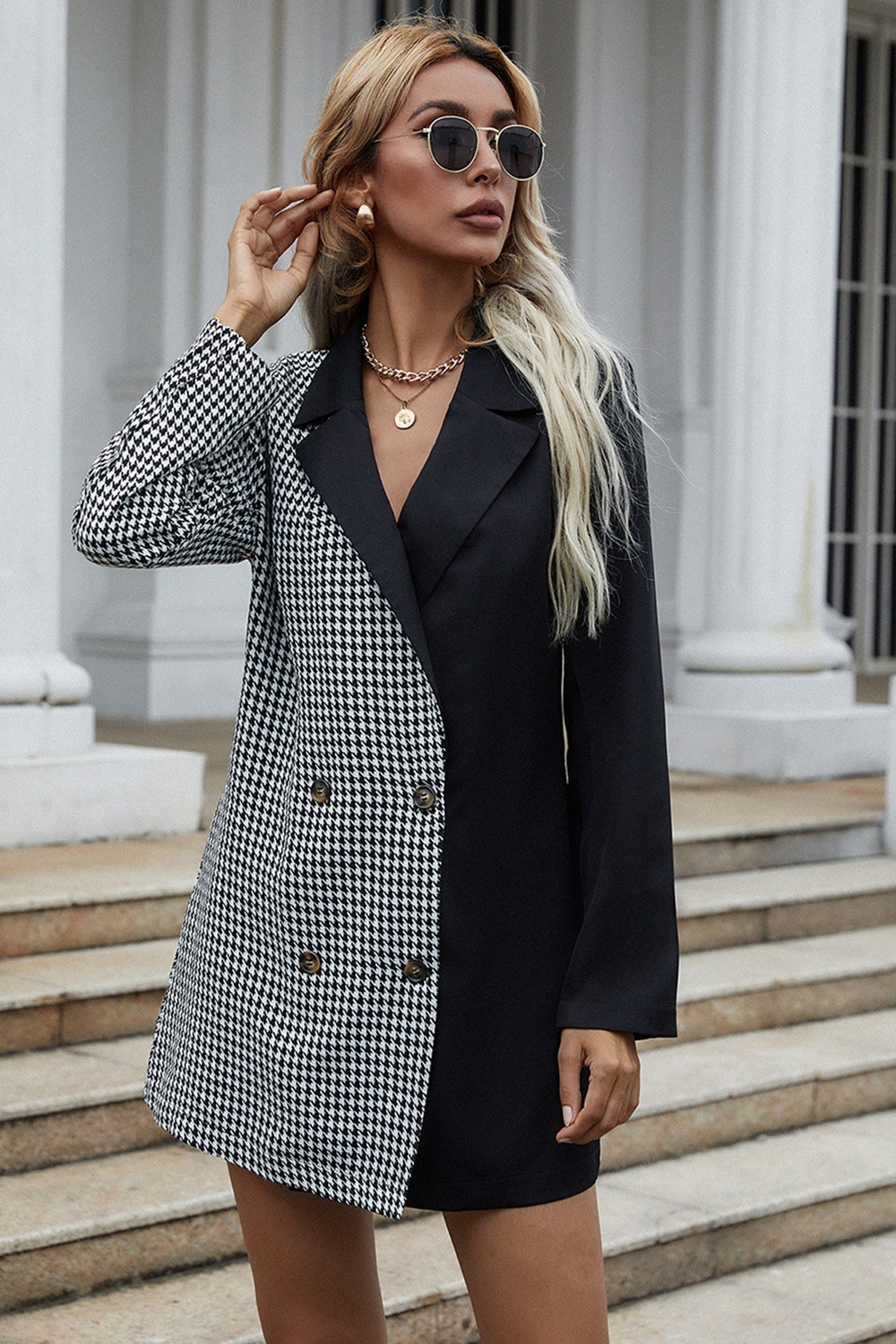 contrast houndstooth double breasted blazer dress