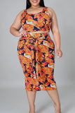 Casual Print Bandage Split Joint O Neck Straight Plus Size Two Pieces