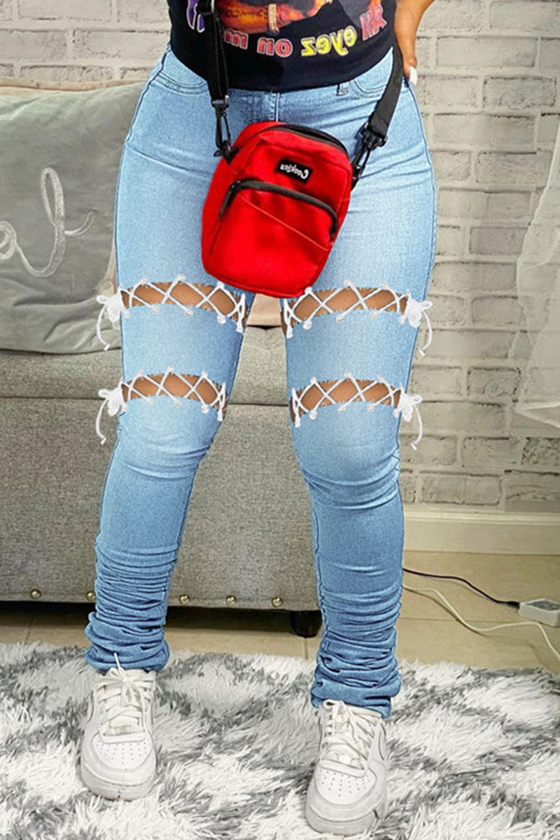 Sexy Casual Solid Hollowed Out Strap Design High Waist Regular Denim Jeans