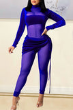 Sexy Solid Split Joint See-through Turtleneck Regular Jumpsuits