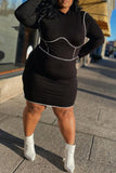 Fashion Casual Solid Split Joint O Neck Long Sleeve Plus Size Dress