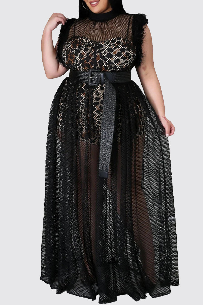 Fashion Sexy Print Hollowed Out See-through Without Belt Half A Turtleneck Plus Size Two Pieces