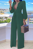 Casual Solid Split Joint Turndown Collar Straight Jumpsuits