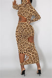 Fashion Sexy Leopard Print Hollowed Out Turtleneck Long Sleeve Mid Calf Printed Dress Dresses
