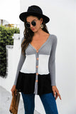 color block button down waffle knit cardigan