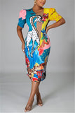 Fashion Casual Hubble-Bubble Sleeve Short Sleeve O Neck Printed Dress Knee Length Print Dresses