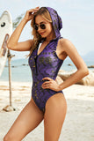 printed zip up hooded ruffle detail one piece swimsuit