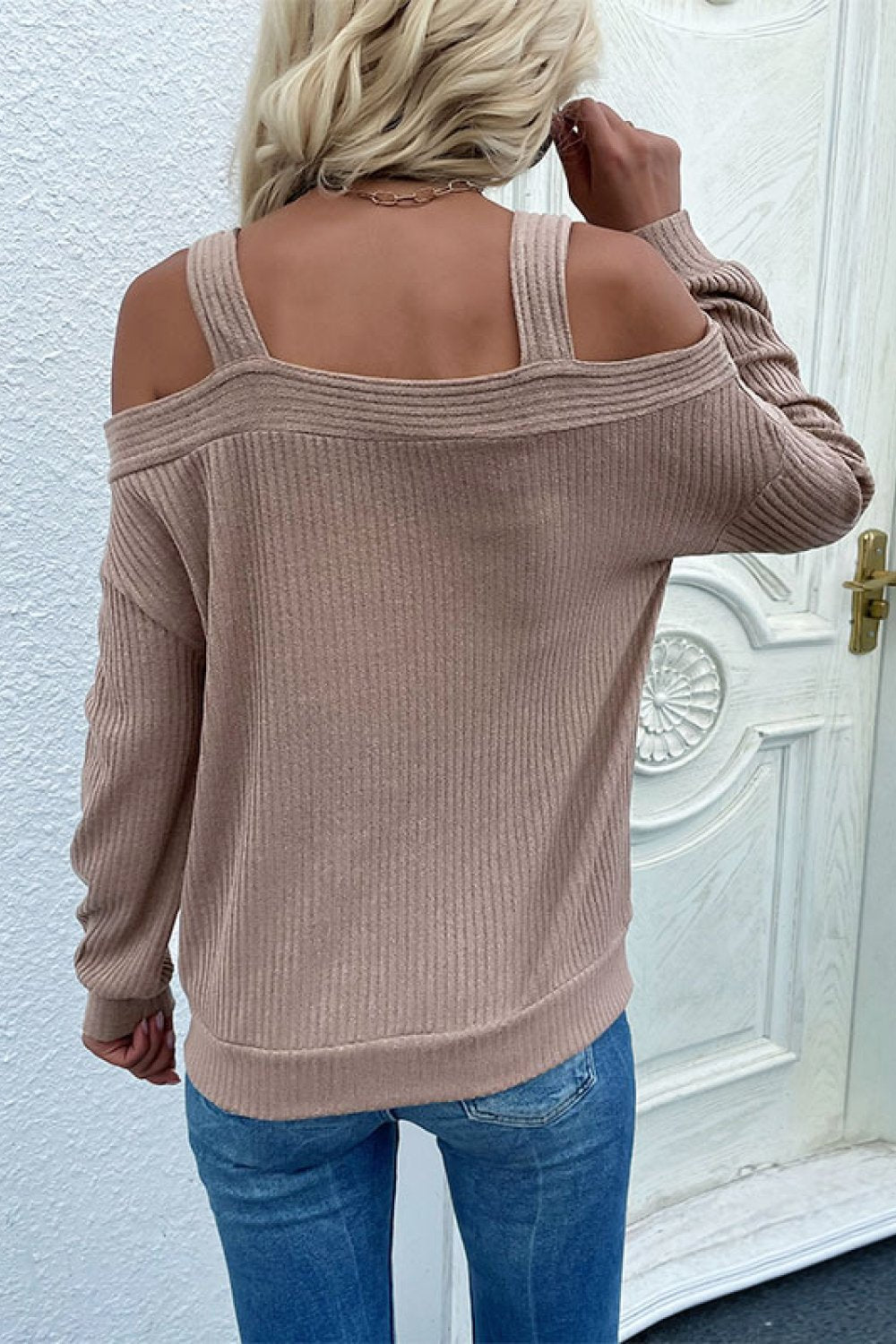 cold shoulder rib knit sweater