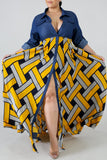 Fashion Plus Size Print Split Joint Turndown Collar Short Sleeve Dress