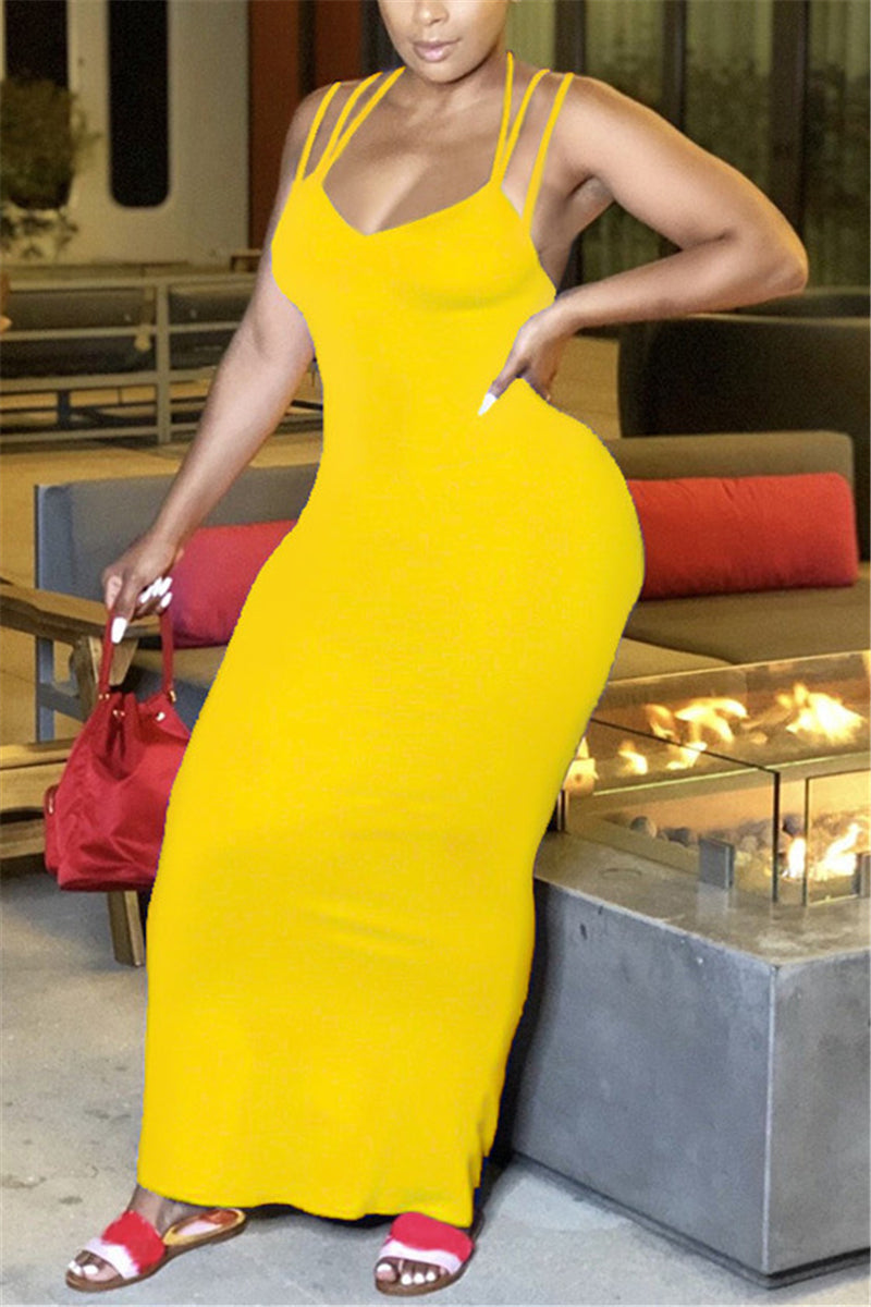 Sexy Off The Shoulder Sleeveless V Neck Ankle Length Solid Dresses