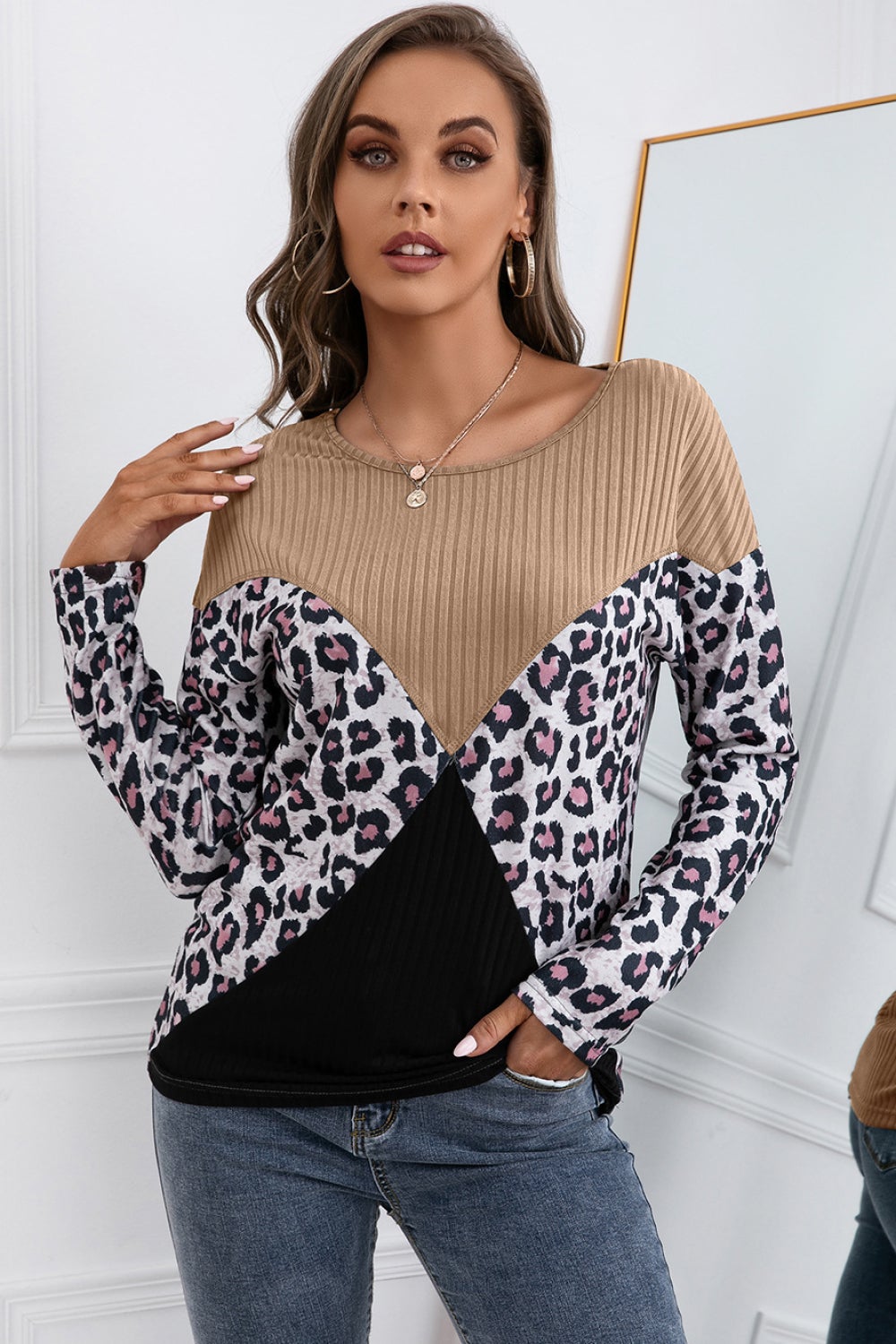 leopard patch color block knit top