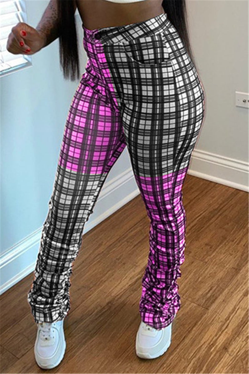 Fashion Casual Regular Plaid Print Patchwork Trousers