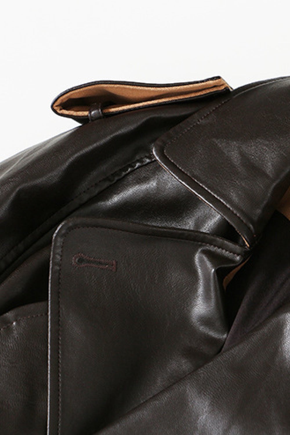 gawqo spliced faux leather tie waist trench coat