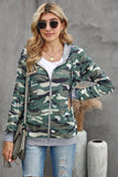 camouflage zipper pocketed drawstring hoodie