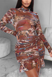 Sexy Sleeve Long Sleeve Half A Turtleneck Asymmetrical Mini Print Dresses