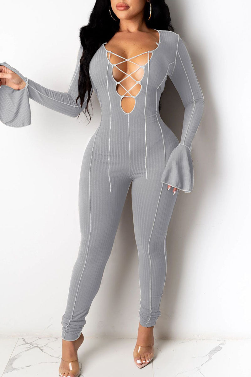 Sexy Polyester Solid Bandage Split Joint O Neck Jumpsuits