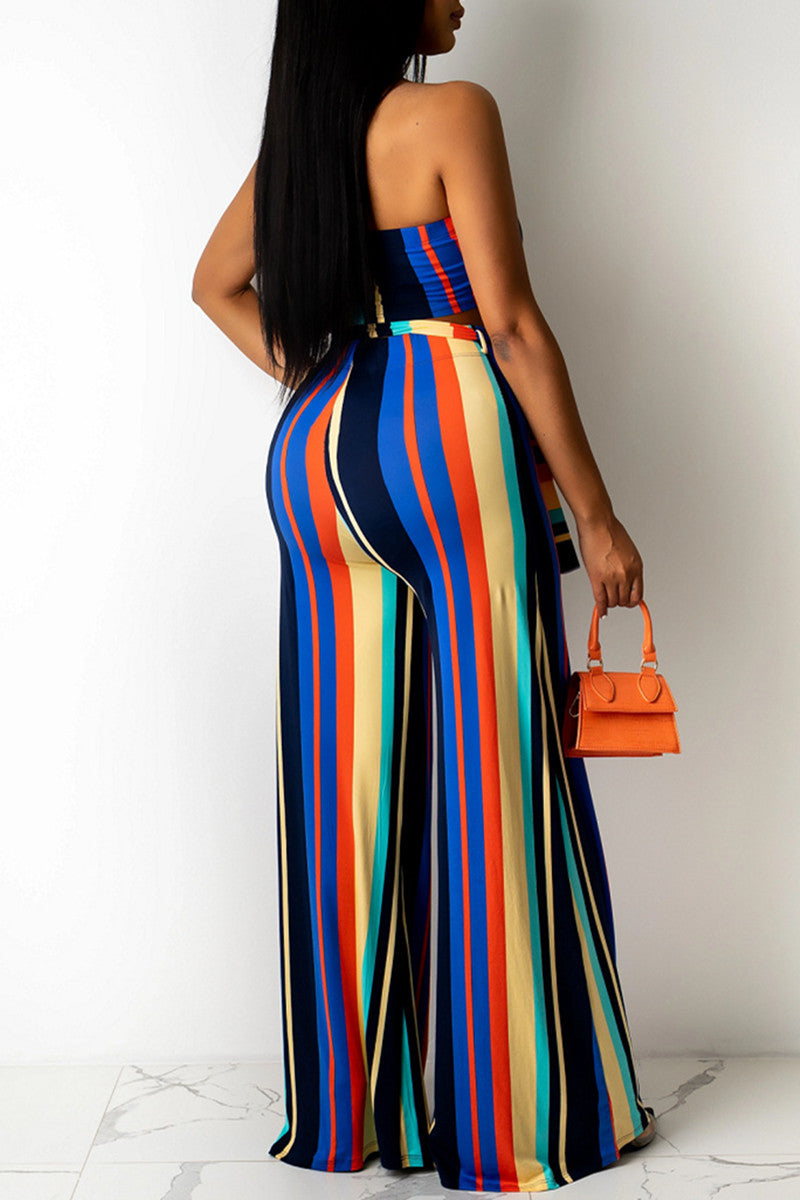 Fashion Casual Striped Print Backless Strapless Sleeveless Two Pieces