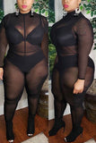 Sexy O Neck Long Sleeve Solid Plus Size Perspective Mesh Jumpsuit