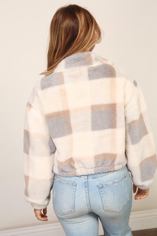 timing plaid fuzzy zip up high neck jacket
