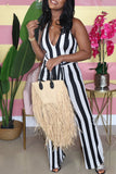 Fashion Casual Striped Print Backless Halter Regular Jumpsuits
