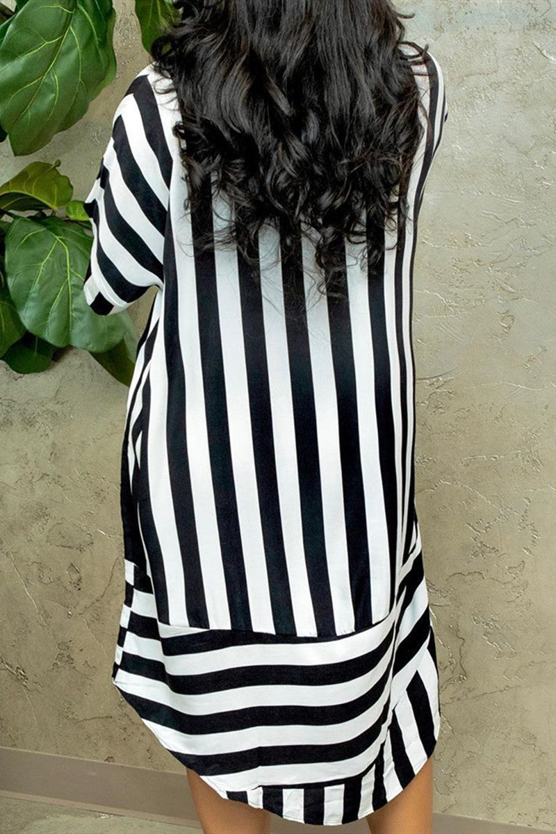 Fashion Casual Regular Sleeve Long Sleeve Turndown Collar Long Sleeve Dress Knee Length Striped Dresses