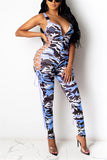 Fashion Sexy Spaghetti Strap Sleeveless Off The Shoulder Skinny Camouflage Print Jumpsuits