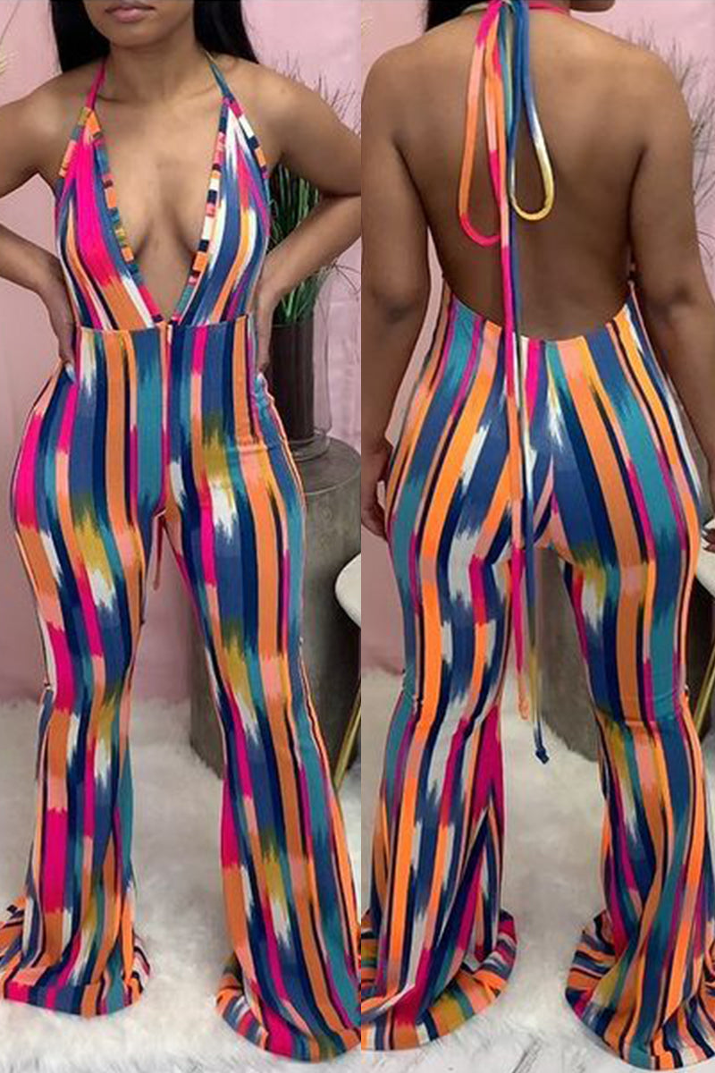 Sexy Casual Striped Print Backless Strap Design V Neck Regular Jumpsuits