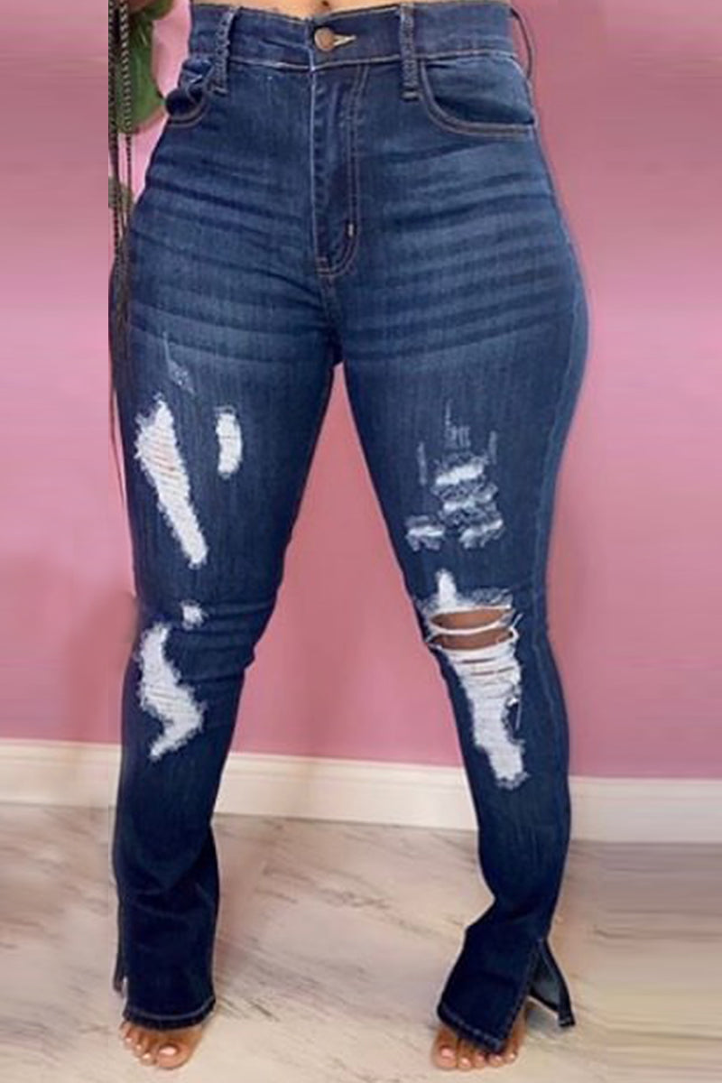 Fashion Casual Skinny Solid Broken Hole Jeans