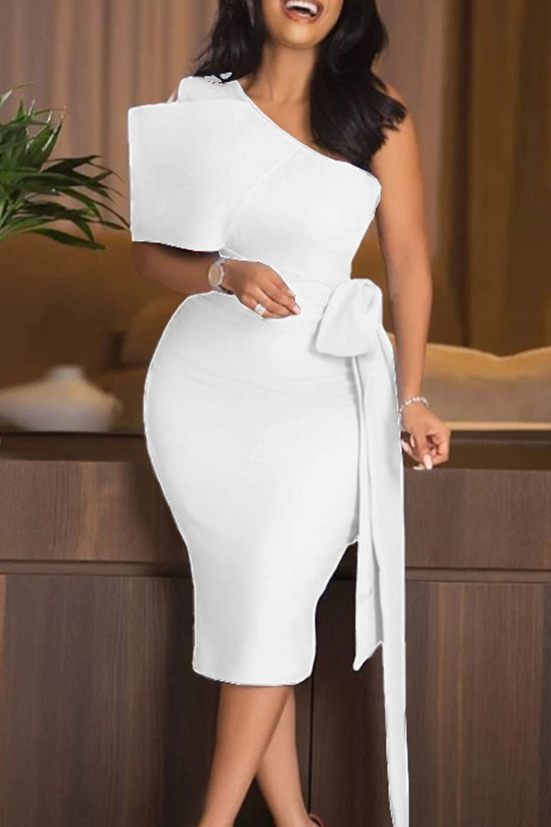 Elegant Solid Split Joint With Bow Oblique Collar Pencil Skirt Dresses