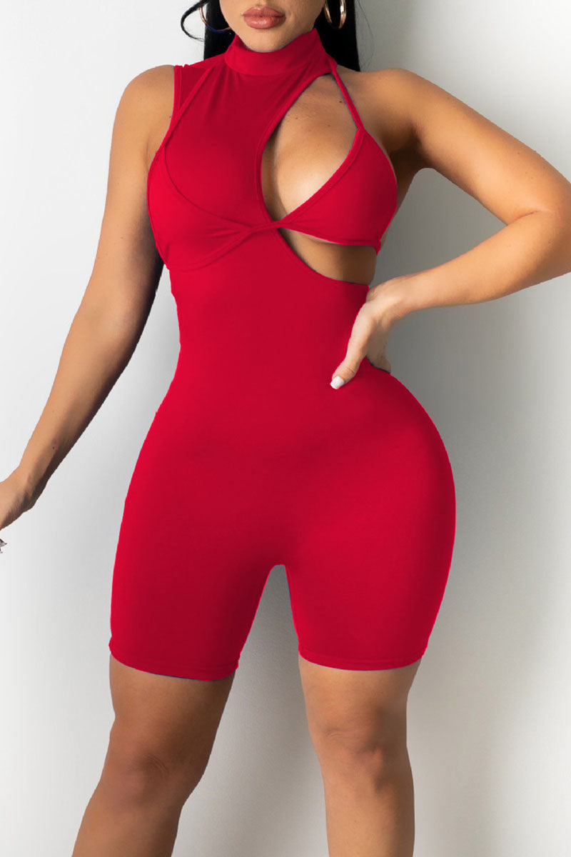 Sexy Solid Hollowed Out Split Joint Half A Turtleneck Skinny Jumpsuits