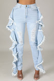 Street Solid Tassel Ripped Make Old Split Joint Flounce High Waist Skinny Denim Jeans
