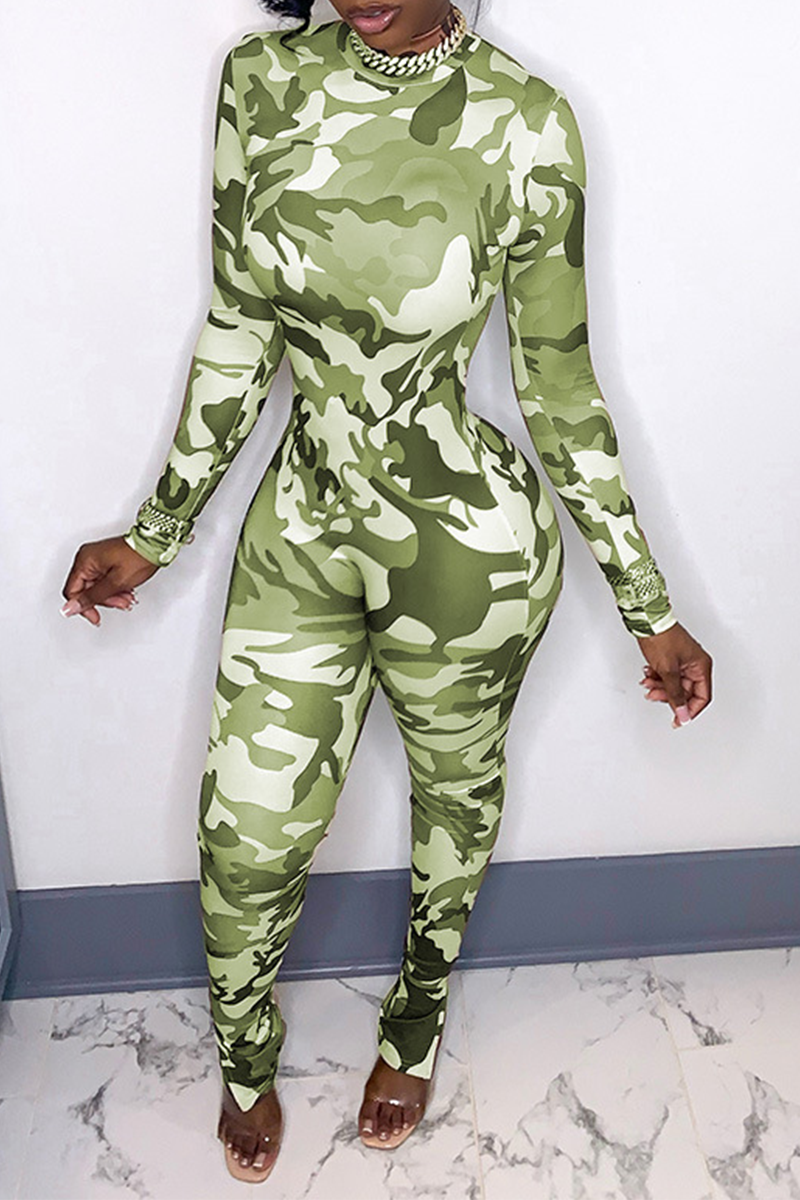Sexy Camouflage Print Split Joint Half A Turtleneck Skinny Jumpsuits