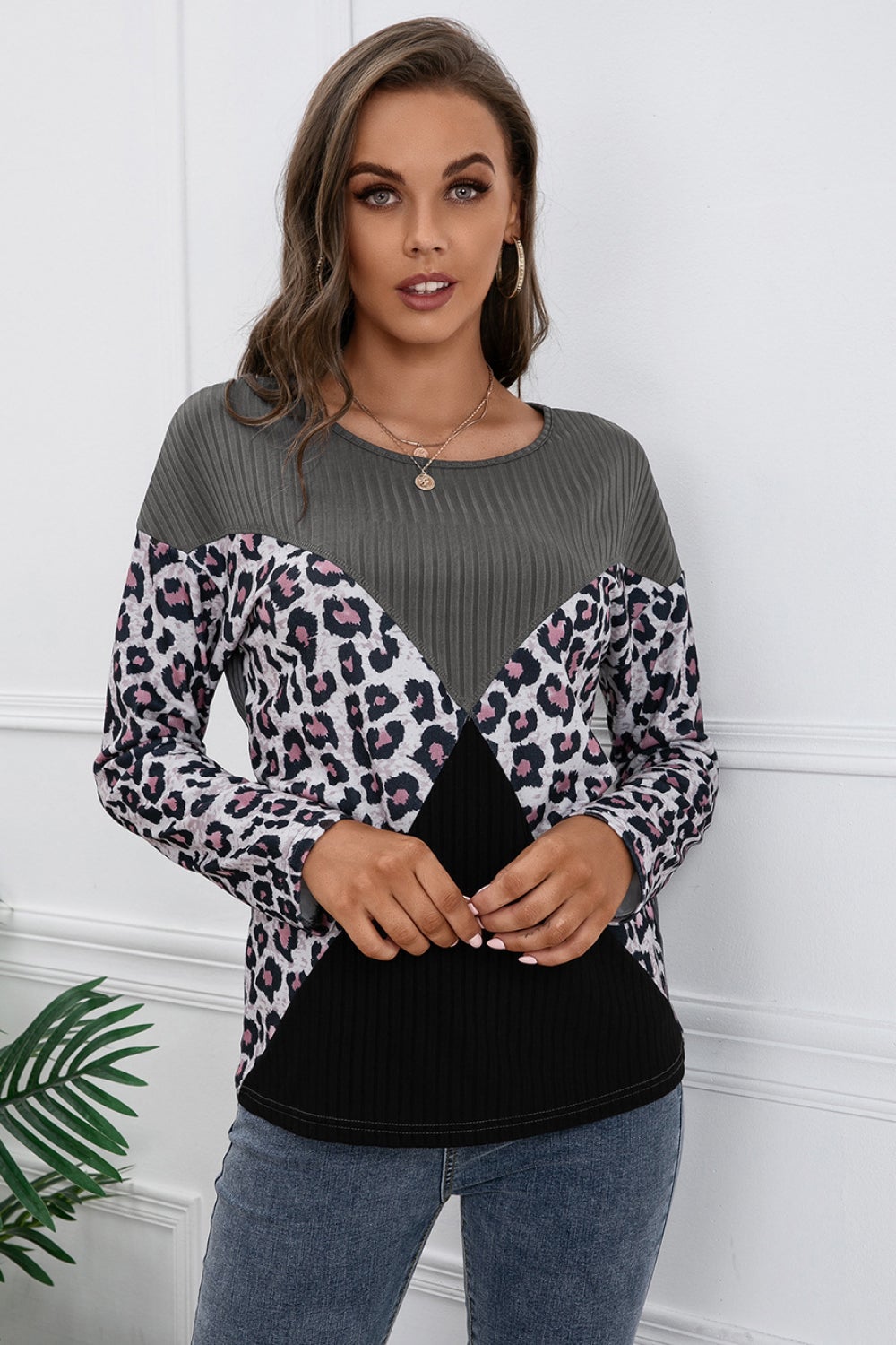 leopard patch color block knit top
