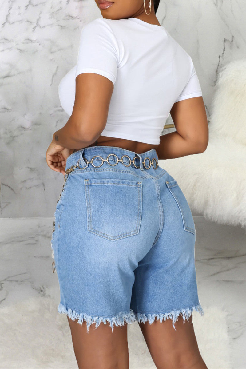 Fashion Casual Solid Ripped Without Belt High Waist Jeans